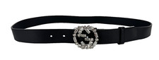 Gucci Women Black Leather Crystal Interlocking G Belt 95 cm 38 in Auth MINT Bag