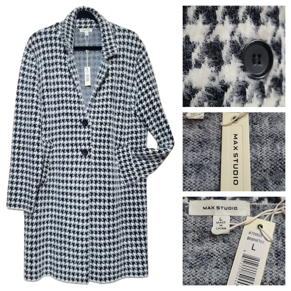 Abrigo Suéter Max Studio Negro Blanco Pata de Gallo L Esponjoso Largo Línea Suave Nuevo Foto 2 de 4