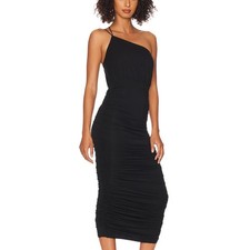 NBD Black One Shoulder Ruched Midi Dress XS Cocktail Designer Revolve $228 NEW