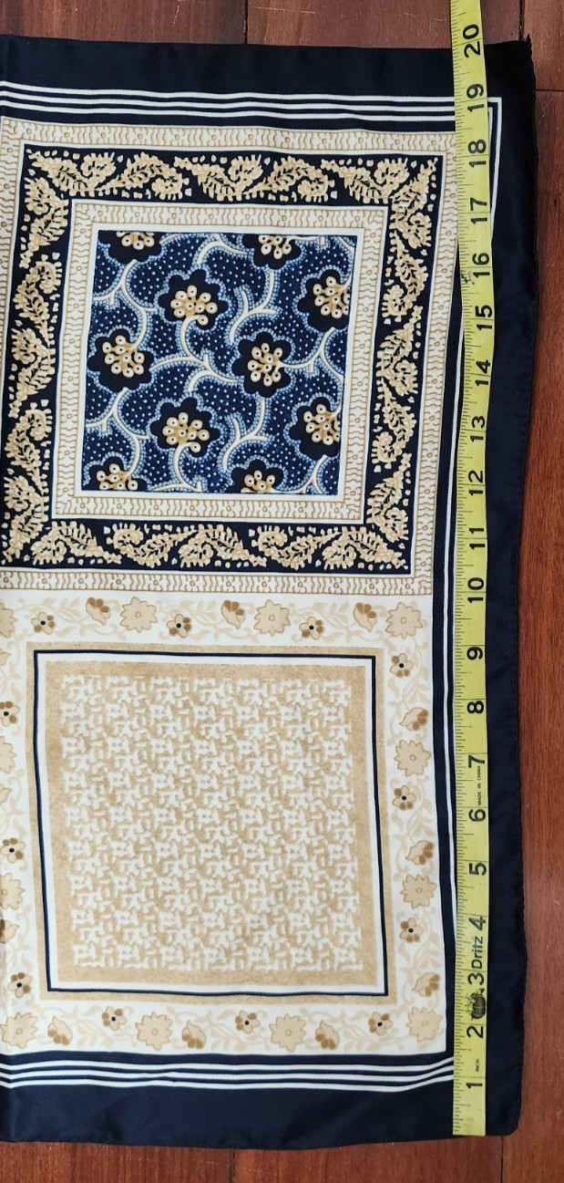 Square Scarf Navy Beige Patchwork Print 20x20 Cla… - image 3
