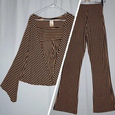 Vtg 70s Cardigan Pants Set Women Small Bell Bottom Long Sleeve Stripe Hot Pants