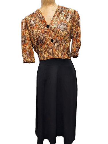 Vintage 1950's Brown Orange Tan Jersey & Black Rayon Dress Size Medium - Picture 2 of 9