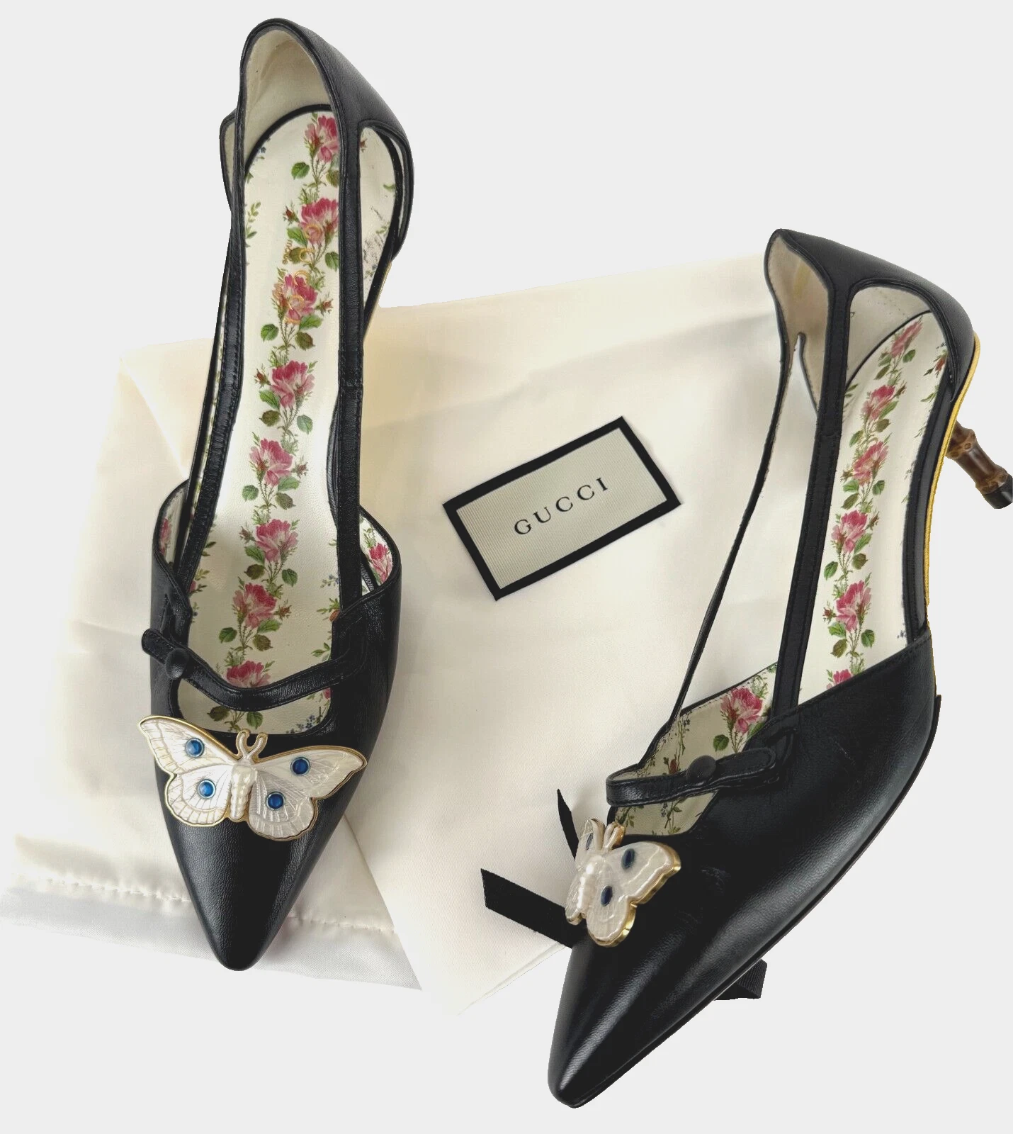 Gucci Auth 7,5 US 37,5 EU cuir noir bambou talons papillon chaussures escarpins sac