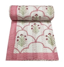 Indian Handmade Twin Cotton Floral Print Kantha Quilt Throw Blanket Bedspread