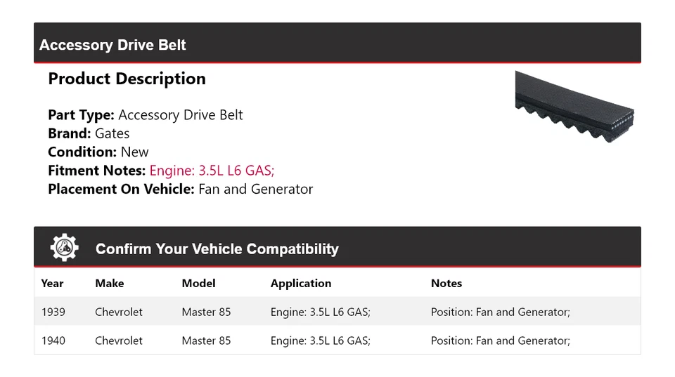 Ventilador de correa de transmisión de gas y puertas del generador para Chevrolet Master 85 1939-1940 3,5 L L6 Foto 2 de 4