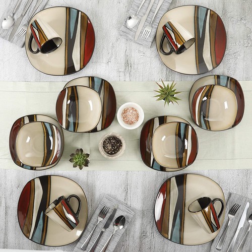 Dinnerware Set 16 Pc Square Dinner Dish Kit for 4 Home Dining Kitchen Dishware - Picture 25 of 54