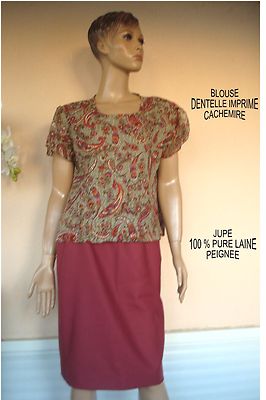 BORDEAUX ROCK 100% REINE WOLLE + BLUSE KASCHMIR PRINT NEU Gr. 40/42