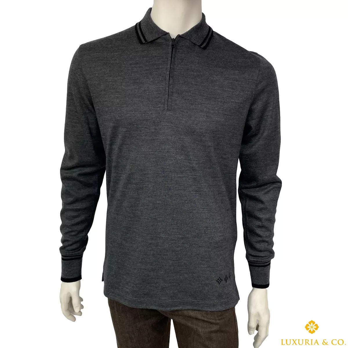 Louis Vuitton Men's Gray Wool Monogram Detail Long Sleeve Polo Size M