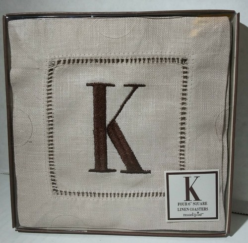 MUD PIE Coasters - Four Beige 6" Square Linen Coasters Letter “K” New In Package - Picture 6 of 6