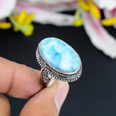 Natural Larimar Gemstone Handmade 925 Sterling Silver Ring Bohemian Jewelry