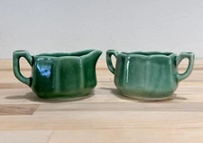 Vintage 1930’s Mount Clemens Pottery Green Open Creamer & Sugar Bowls Dish