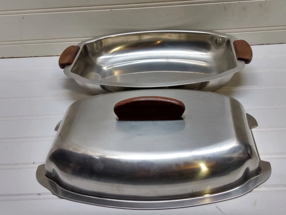 Denmark Danish Stainless Steel Covered Bowl Serving Dish Tray Teak Handle 8x7x1 - Image 3 of 4