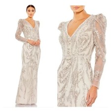 MAC DUGGAL 20349 Women's Embellished Puff Sleeve V Neck Gown Mocha 20 NWT $998