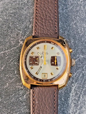 ELGE Uhr Chronograph mechanisch Herren Vintage Lederarmband Neu 