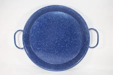 Vtg Blue & White Speckled Enamelware Double Handled Paella Pan - 14.5 inches