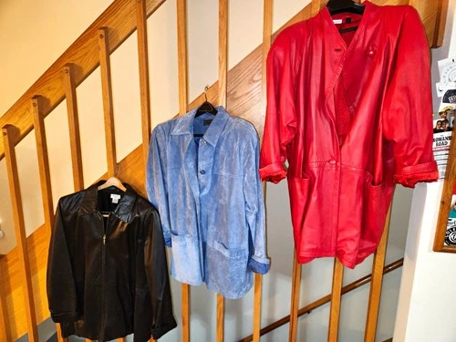 Lot of 3 Leather Jackets Size L Mid-Length Zip/Button Solid Black Blue Red - product listing photo