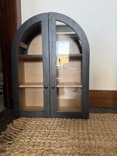 Modern Arched Glass Door Cabinet, Black Natural Wood, Adjustable Shelves
