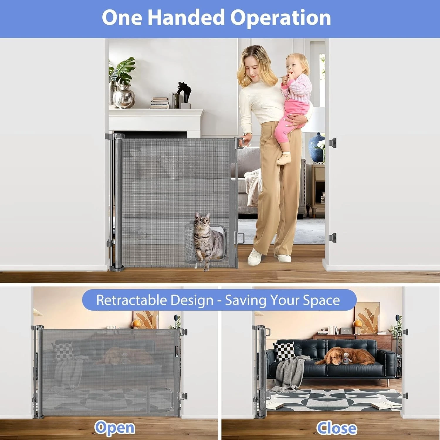 Retractable Baby Gates with Door 55" Wide Retractable Dog Gate with Pet Door