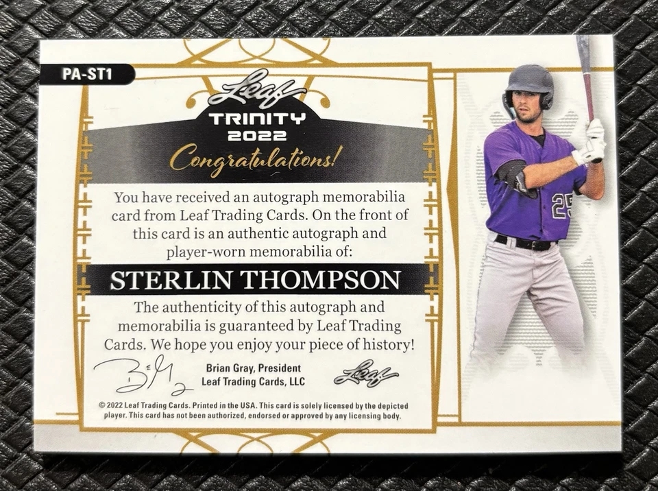 STERLIN THOMPSON 2022 Leaf Trinity Button Logo Patch Emerald Auto /15 Rockies RC - Image 2 of 2