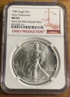 1986 (S) MS 69 SILVER EAGLE NGC EARLY PRODUCTION FROM US MINT SEALED BOX
