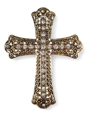 Large Antiqued Gold Tone Clear Rhinestone Ornate Cross Brooch Pin