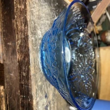 Clear Blue Glass Serving Bowl Fruits Floral 8 5/8" x 3" High 