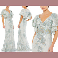 NWT $698 Mac Duggal [ 14 ] Sleeve Flutter Floral Embellished Gown Seafoam #G1629
