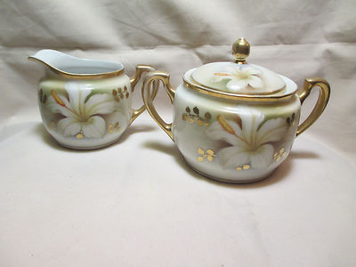 Vintage Bavaria Cream & Sugar Set White Lily, Green Shadow, Gold Leaves & Trim
