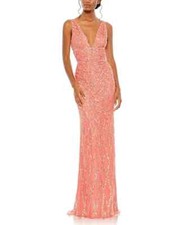 Mac Duggal SEQUINED PLUNGE NECK SLEEVELESS COLUMN GOWN in CORAL PINK Sz 16