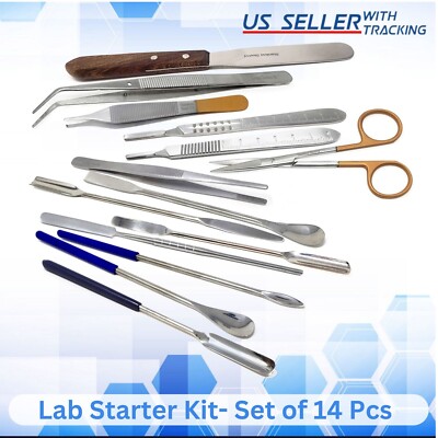 14 Pcs Lab Kit Micro Scoop Spoon Spatulas Serrated Forceps Dissecting Scissors