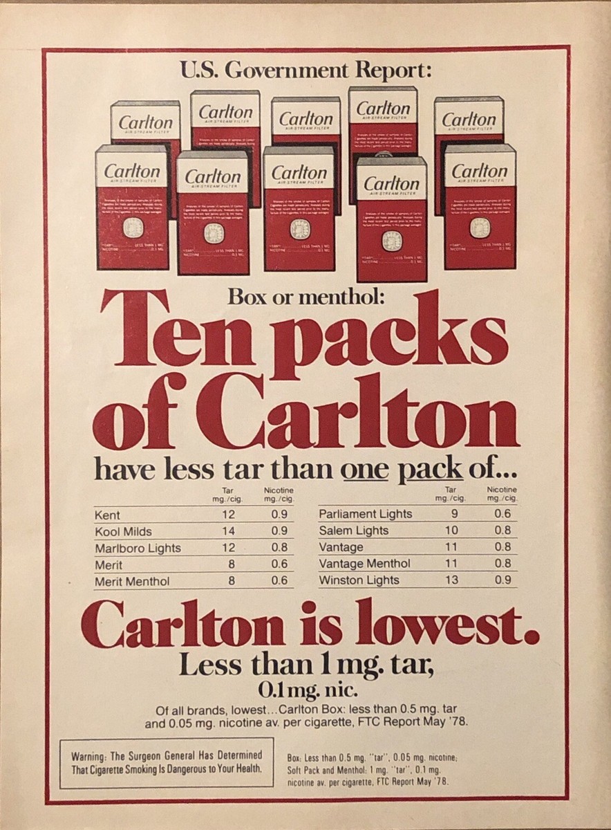 carlton cigarettes 1979 Carlton Cigarettes VTG 1970s PRINT AD 10 Packs Less Tar Than 1 Other  Brands