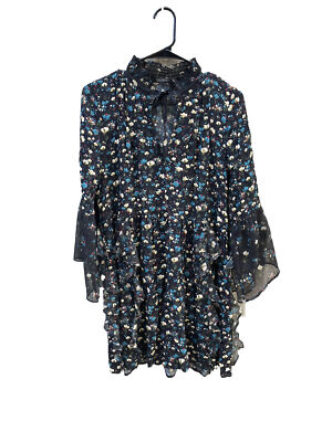 Zara Basic Collection Women's Floral Ruffle Tie Neck Mini Dress Size XS