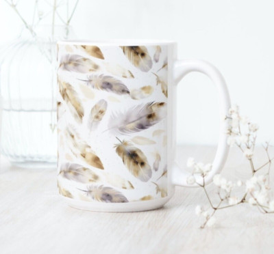 Beige & Gray Feathers Coffee Tea Mug Cup 15 Oz Ceramic, Peaceful Jug by Mugzan