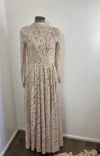 Vintage Women's Elegant Dress XS/S High Tie Neck Lace & Pearls Gown Victorian