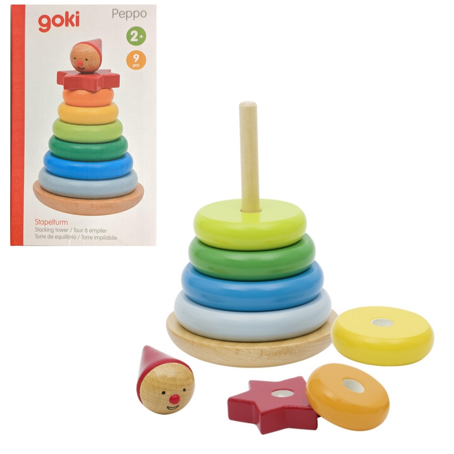 Goki Peppo Wooden Stacking Tower Childrens Toy - Bright Colours - 2+ Years