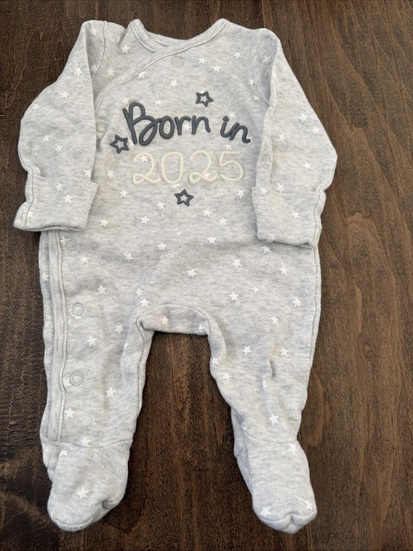 Born In 2025 Baby Newborn One Piece Gray With Stars