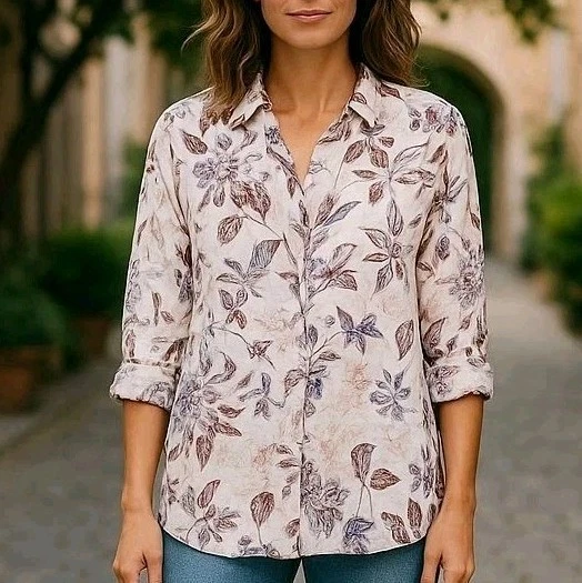 Rachel Zoe 100% Linen Tunic Blouse Top Summer Floral Print Roll Tab Sleeves XL