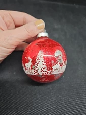 Vintage MCM Red Shiny Brite Glass Christmas Ornament~Stenciled Deer & Trees 3"