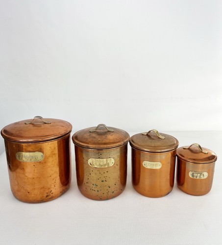 Copper Canister Nesting Set Flour Sugar Coffee Tea Lidded Marked Stainless Korea