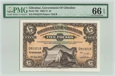 GIBRALTAR 5 Pounds 1975, P-19b, TDLR Print, PMG 66 EPQ Gem UNC Rare Note & Grade