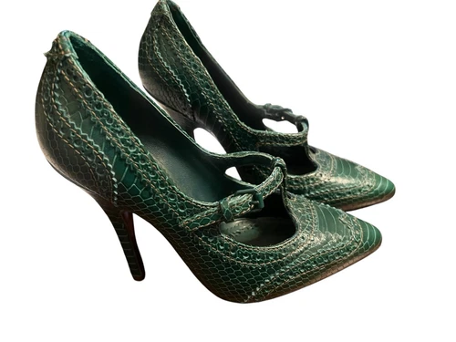 Tory Burch Fibbia con tacco a spillo in pelle di serpente verde misura 5 5 M