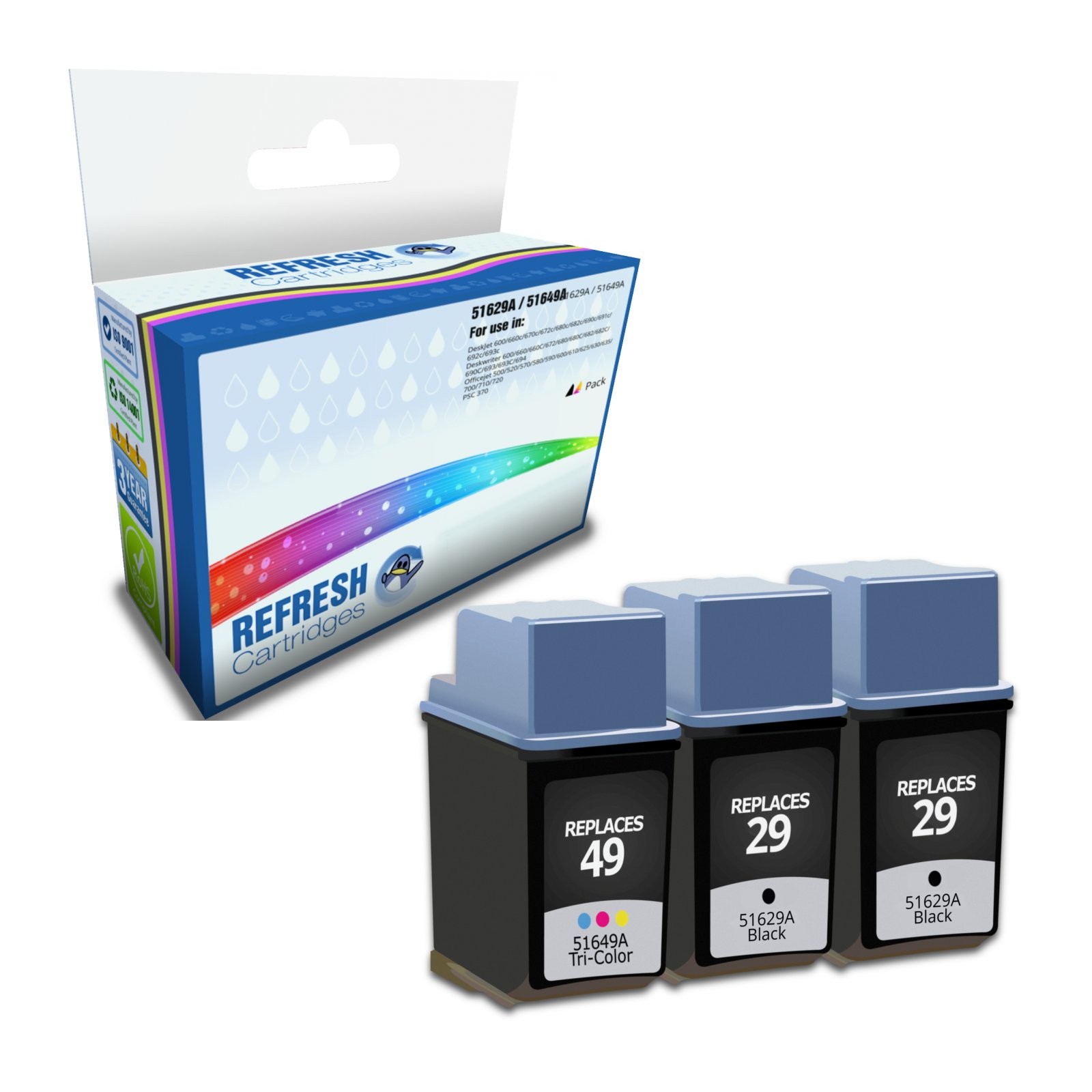Refresh Cartridges Value Pack 2x #29 / 1x #49 Ink Compatible With HP Printers