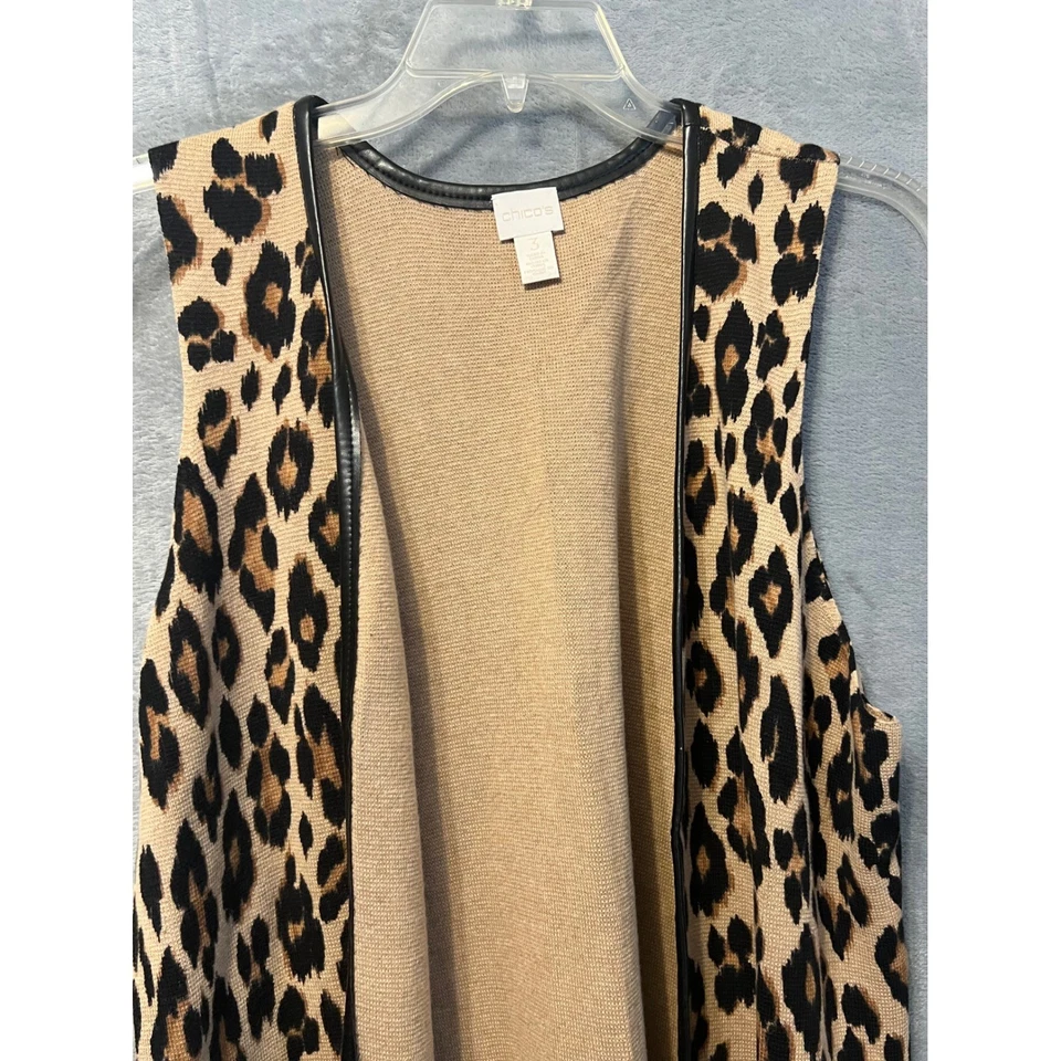 Chicos Size 3 Leopard Print Cotton Knit Sleeveless Long Vest Duster Cardigan - Image 2 of 4