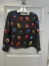 Michael Simon Black Sweater Cardigan Vintage Jewel Embellished Rings Small EUC!