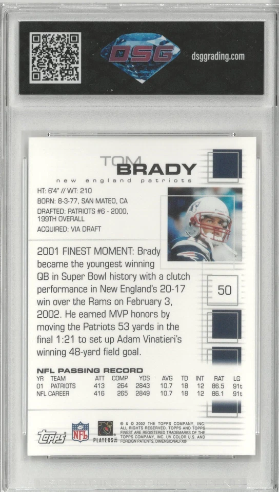 2002 Topps Finest TOM BRADY #50💎 DSG 10 Gem Mint - Image 2 of 2