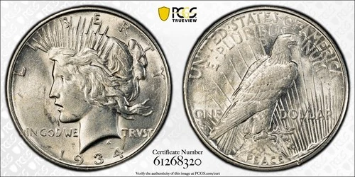 1934 D Peace Dollar PCGS AU-58