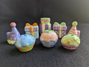 Set of 8 Ceramic Birthday Cake Toppers in Various Shapes