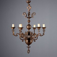 Lampadario Antico Bronzo Lamierino 6 Luci Paesi Bassi '900 Originale