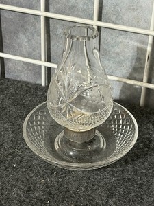 Hurricane Lamp W/ Votive Holder Base  Heavy Cut Glass (crystal?) 6.5"