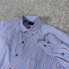 David Donahue Shirt Mens L Blue Orange Plaid Button-Down Long Sleeve Cotton